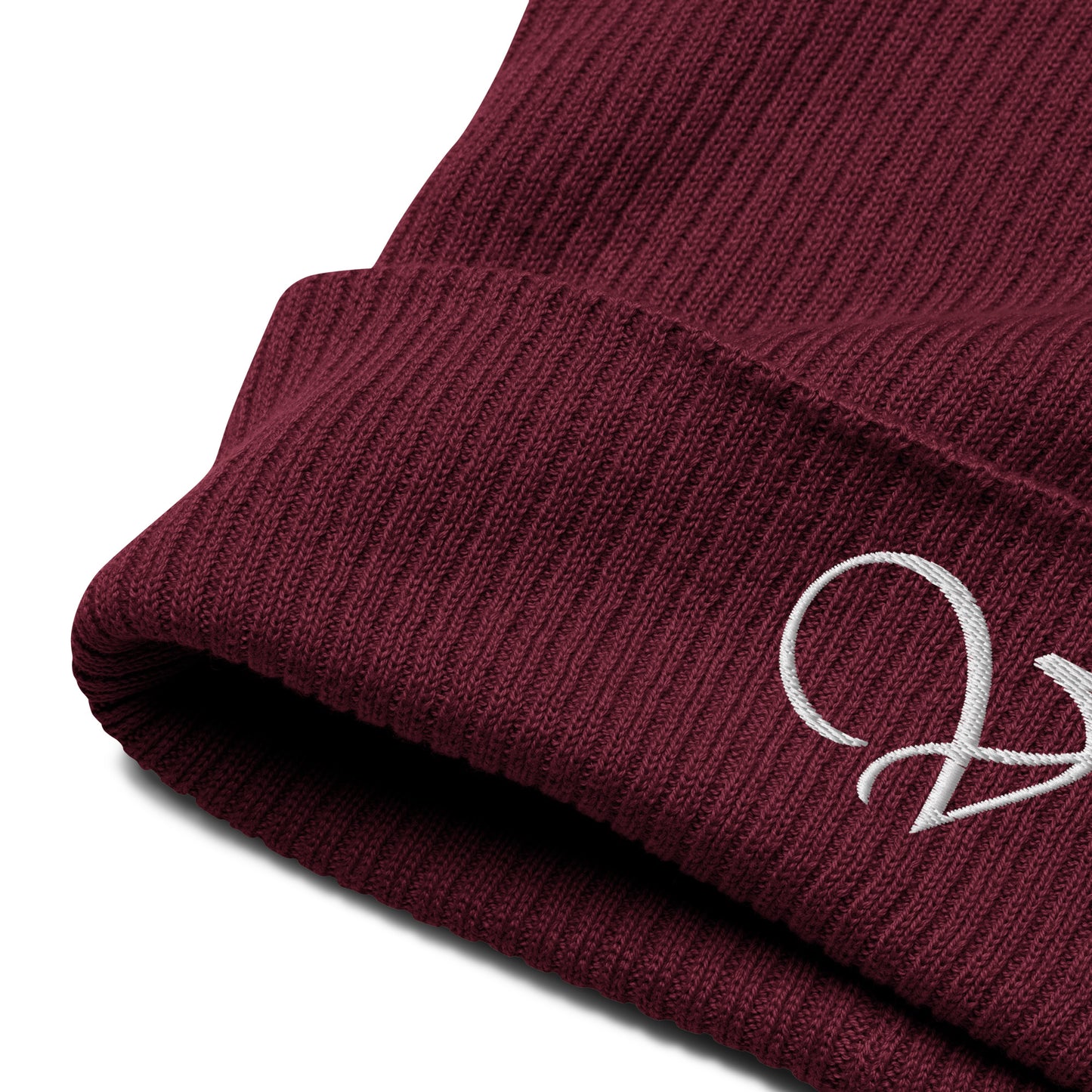 v signature burgundy organic ribbed beanie close