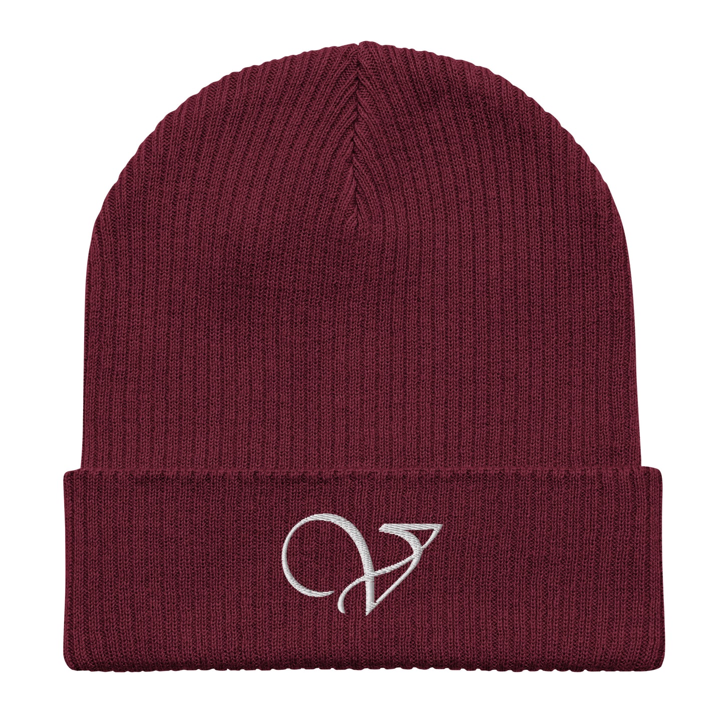 v signature burgundy organic ribbed beanie front 2