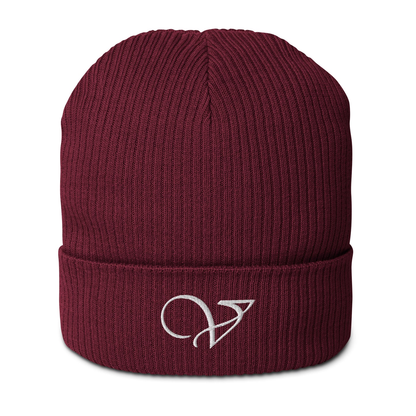 v signature burgundy organic ribbed beanie front