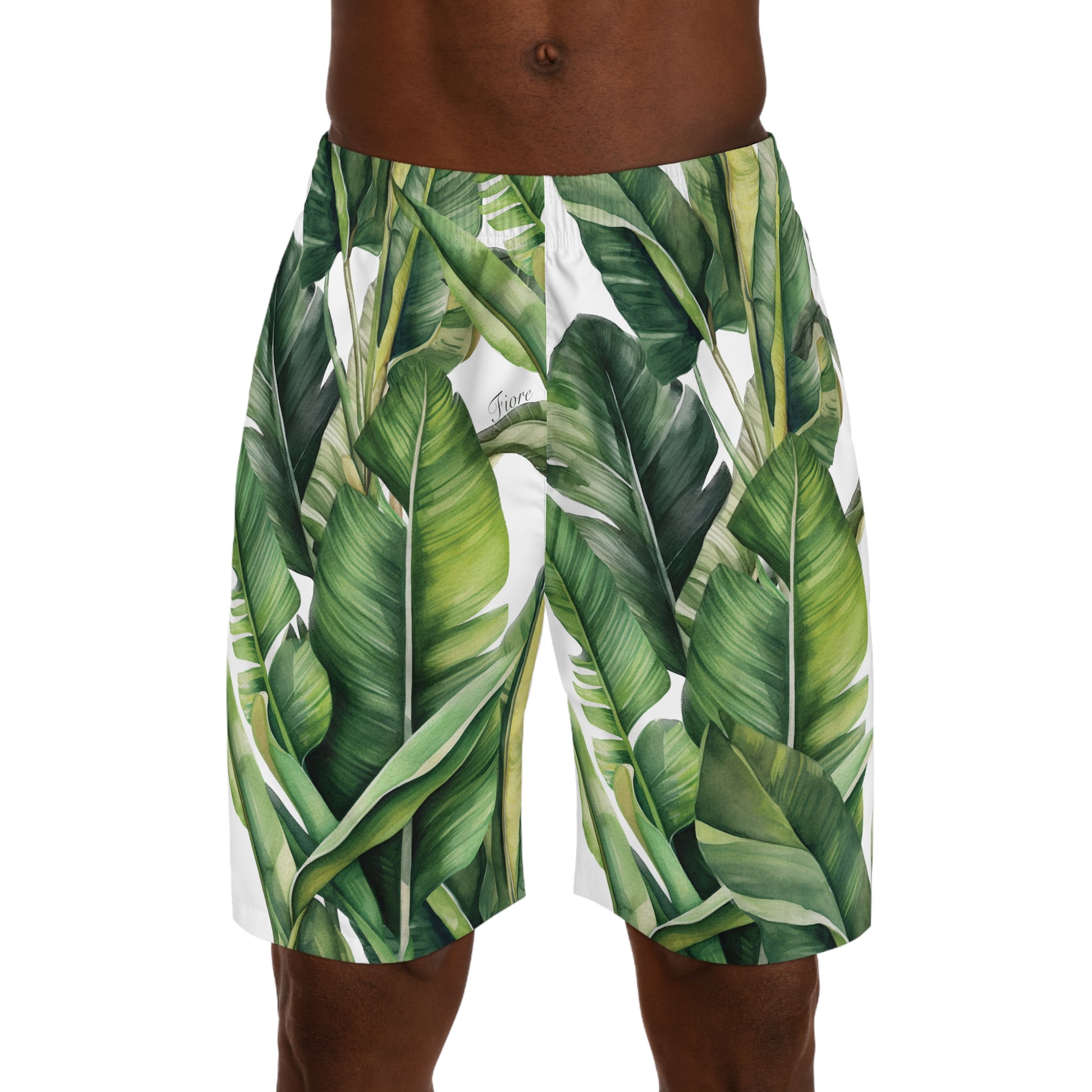 banana print mens jogger shorts on front