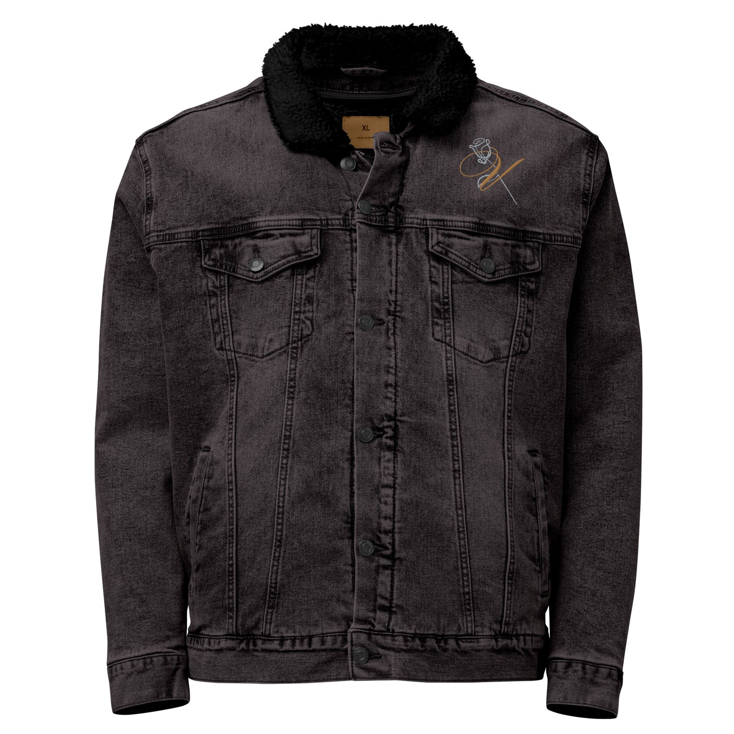 v signature denim sherpa jacket black front