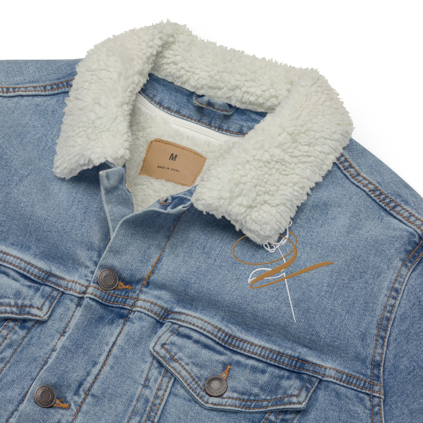 v signature denim sherpa jacket close