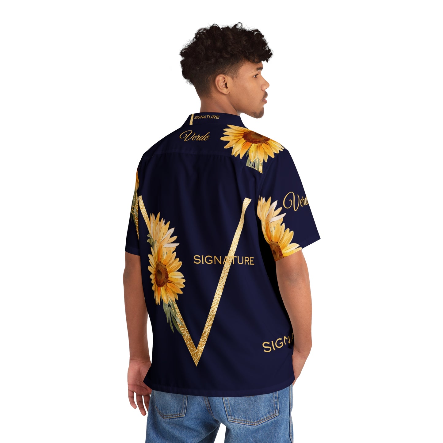 v signature golden sunflower hawaiian shirt on back
