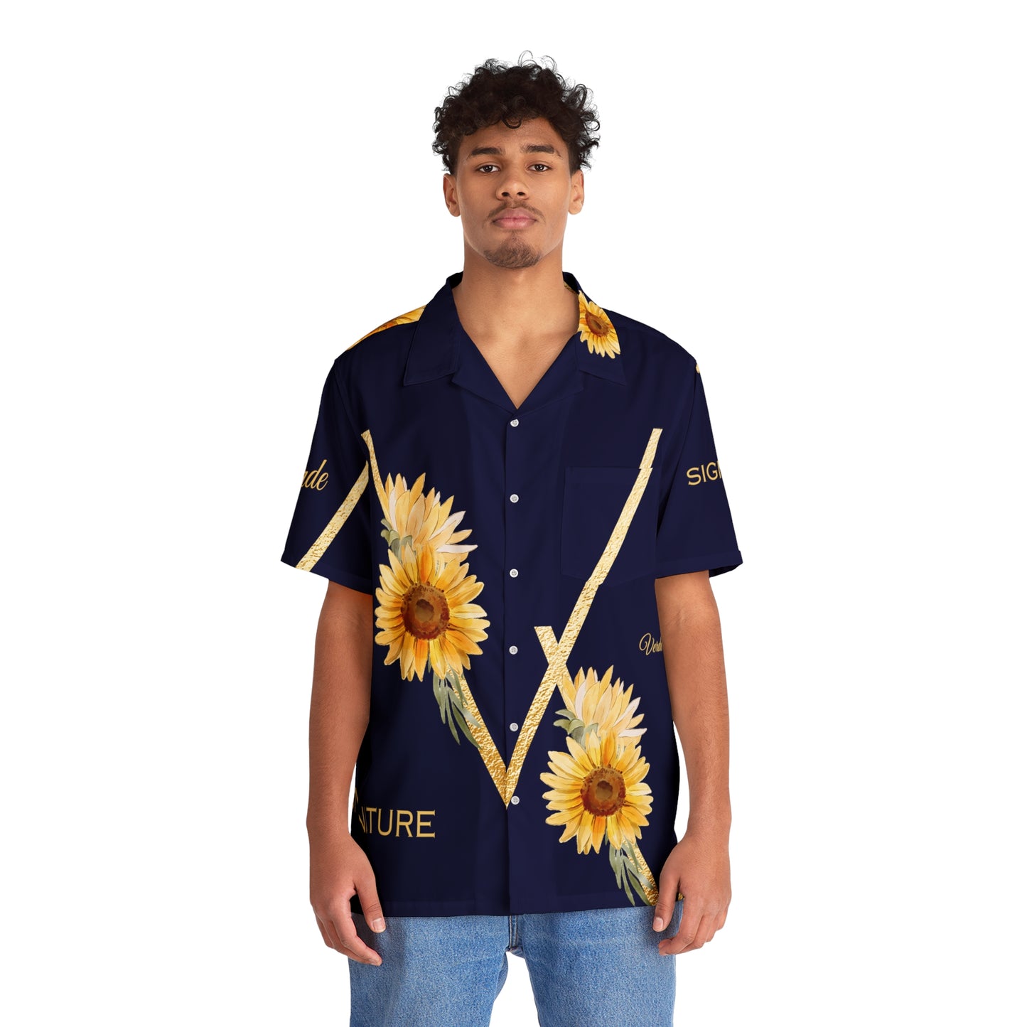 v signature golden sunflower hawaiian shirt on front