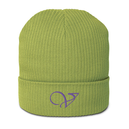 v signature leaf green organic ribbed beanie front