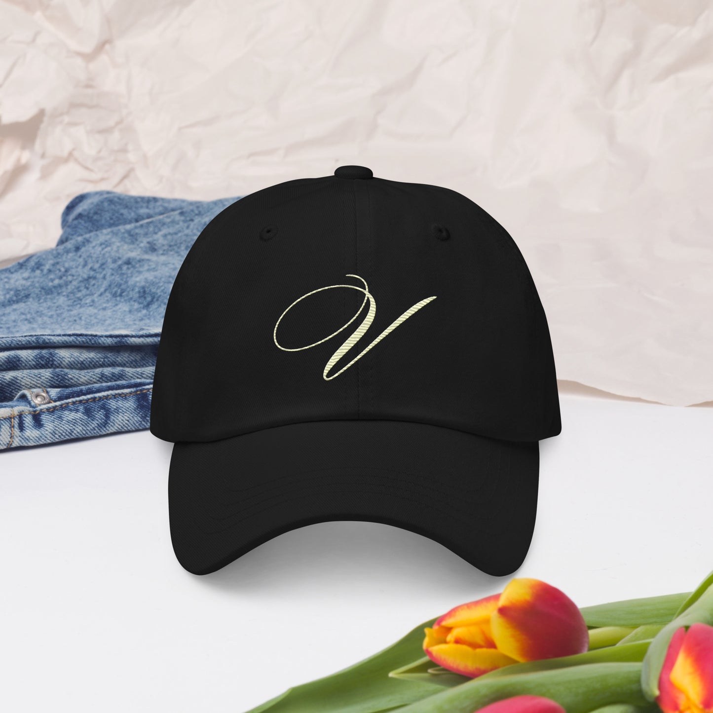 verde signature embroidered dad hat black front