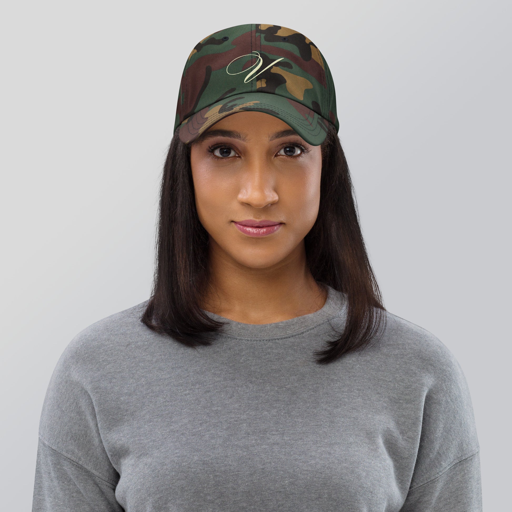 verde signature embroidered dad hat green camo front on