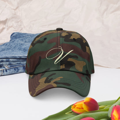 verde signature embroidered dad hat green camo front