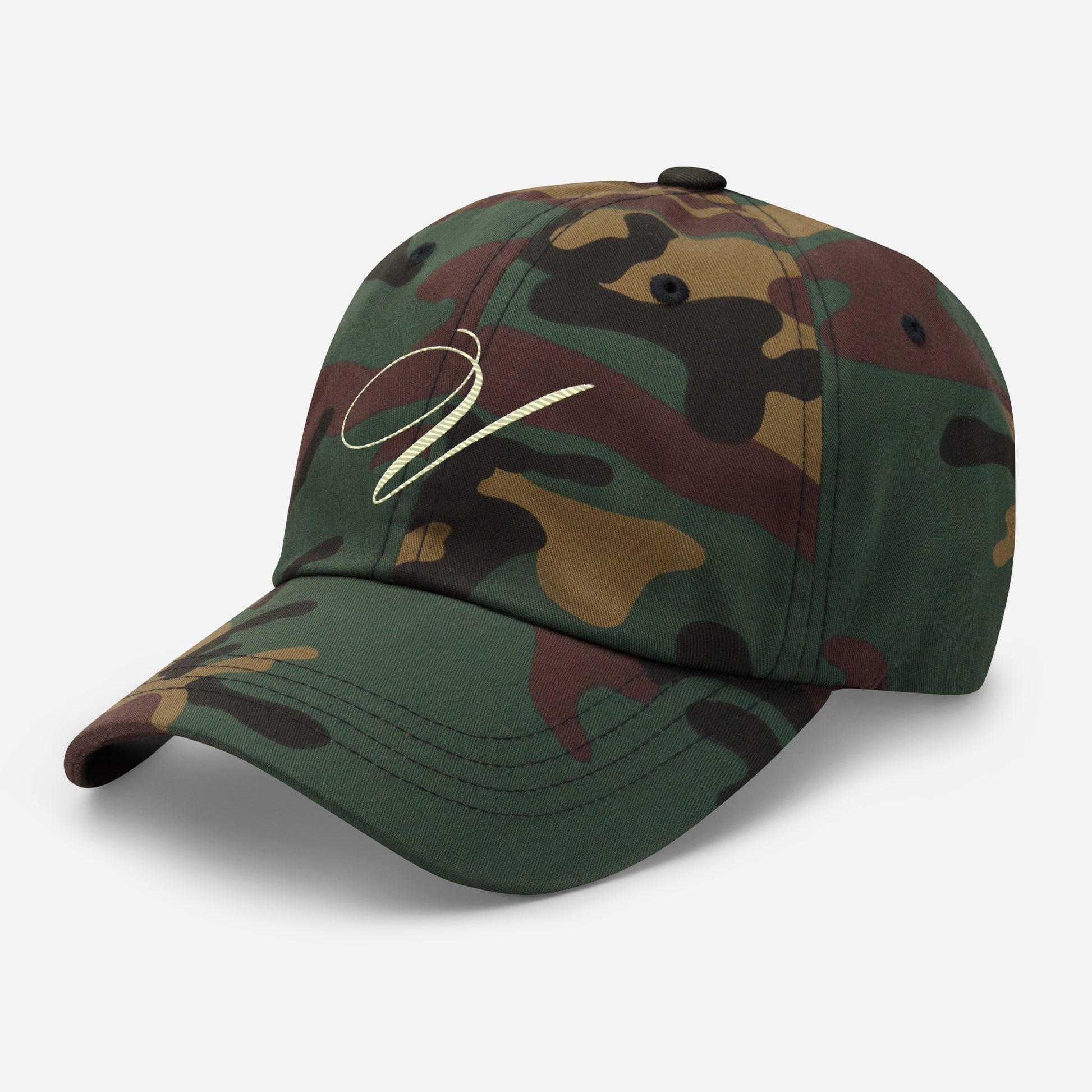 verde signature embroidered dad hat green camo left front