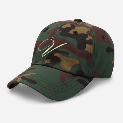 verde signature embroidered dad hat green camo left front