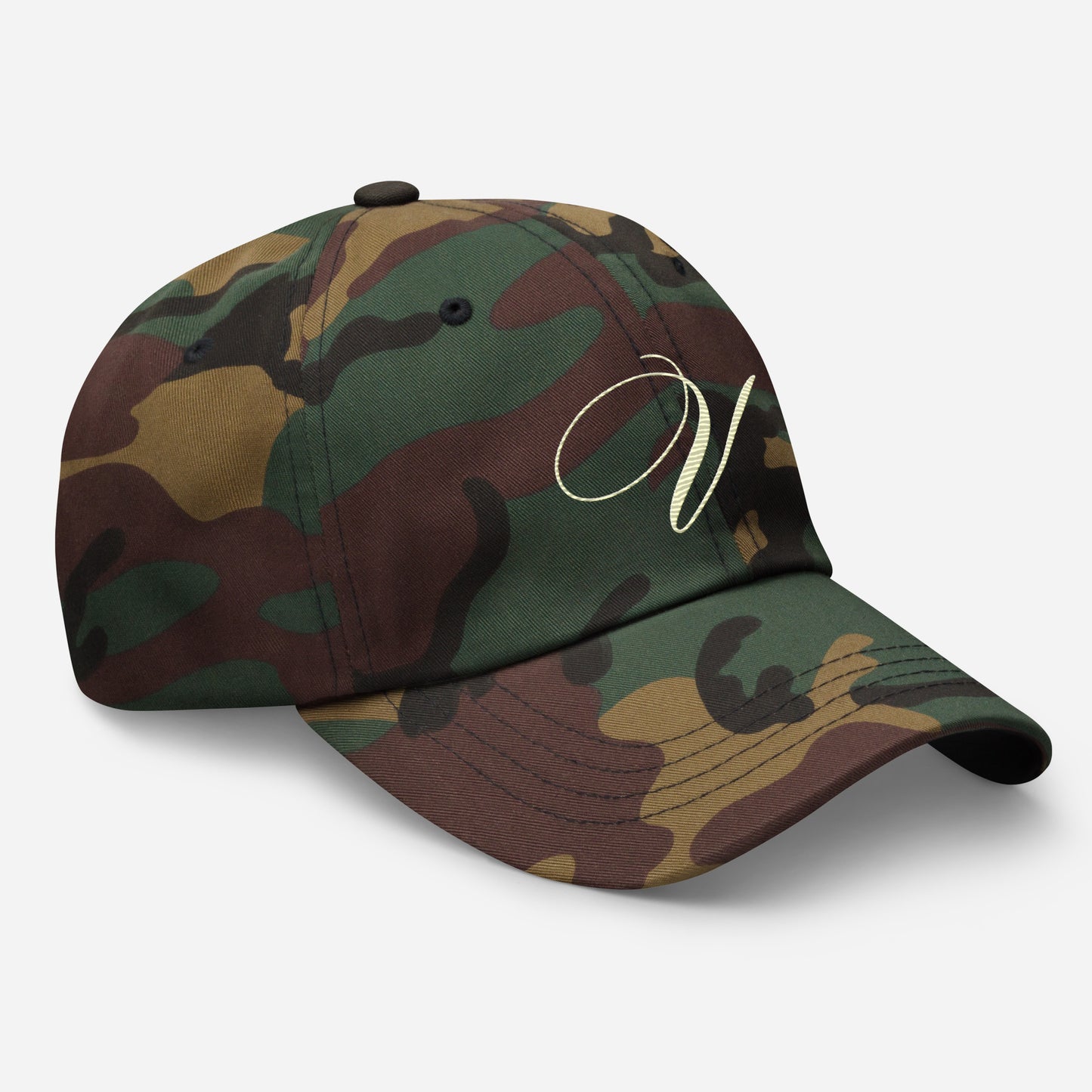 verde signature embroidered dad hat green camo right front