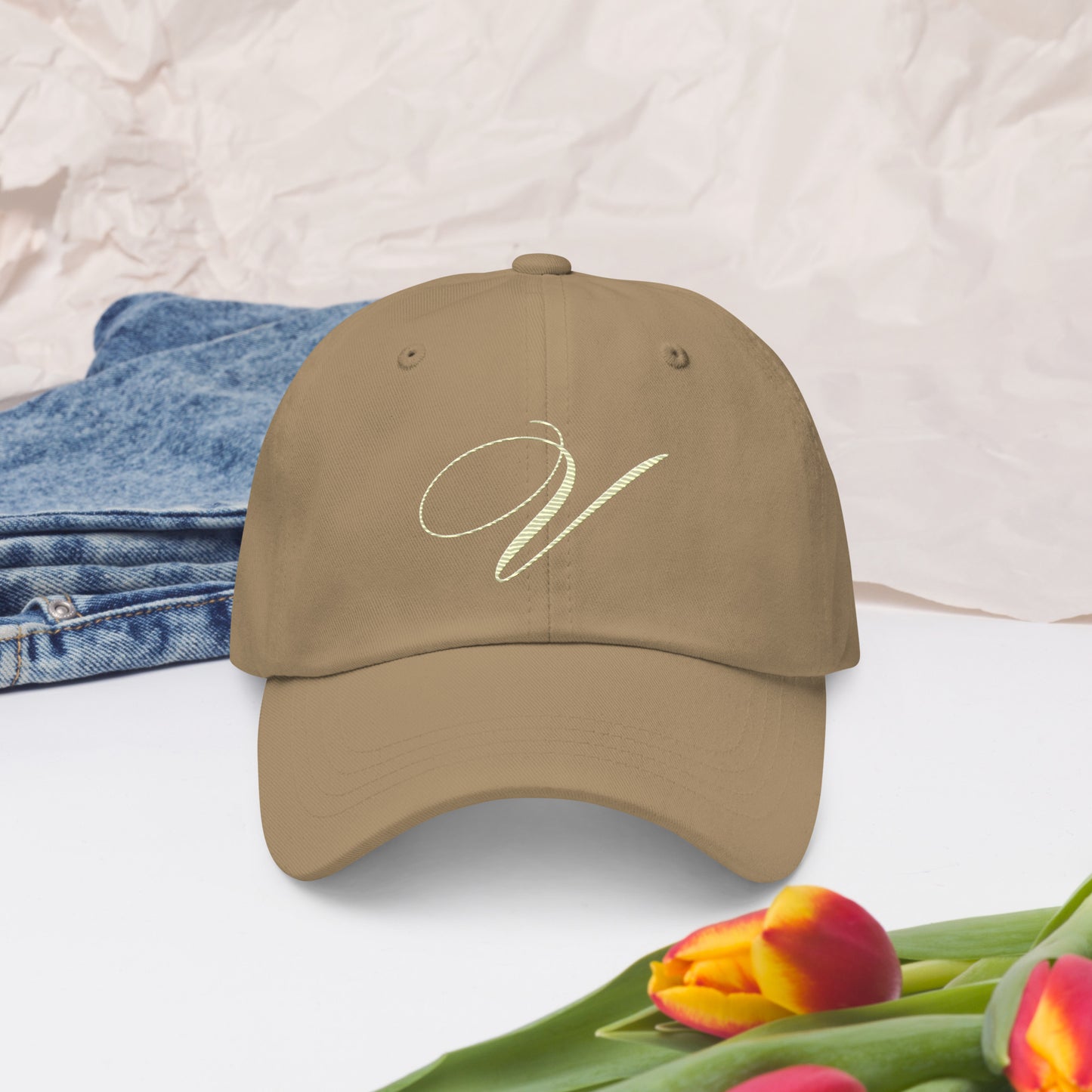 verde signature embroidered dad hat khaki front