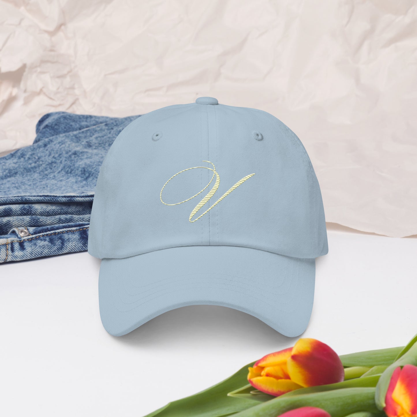 verde signature embroidered dad hat light blue front