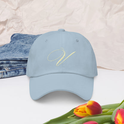 verde signature embroidered dad hat light blue front