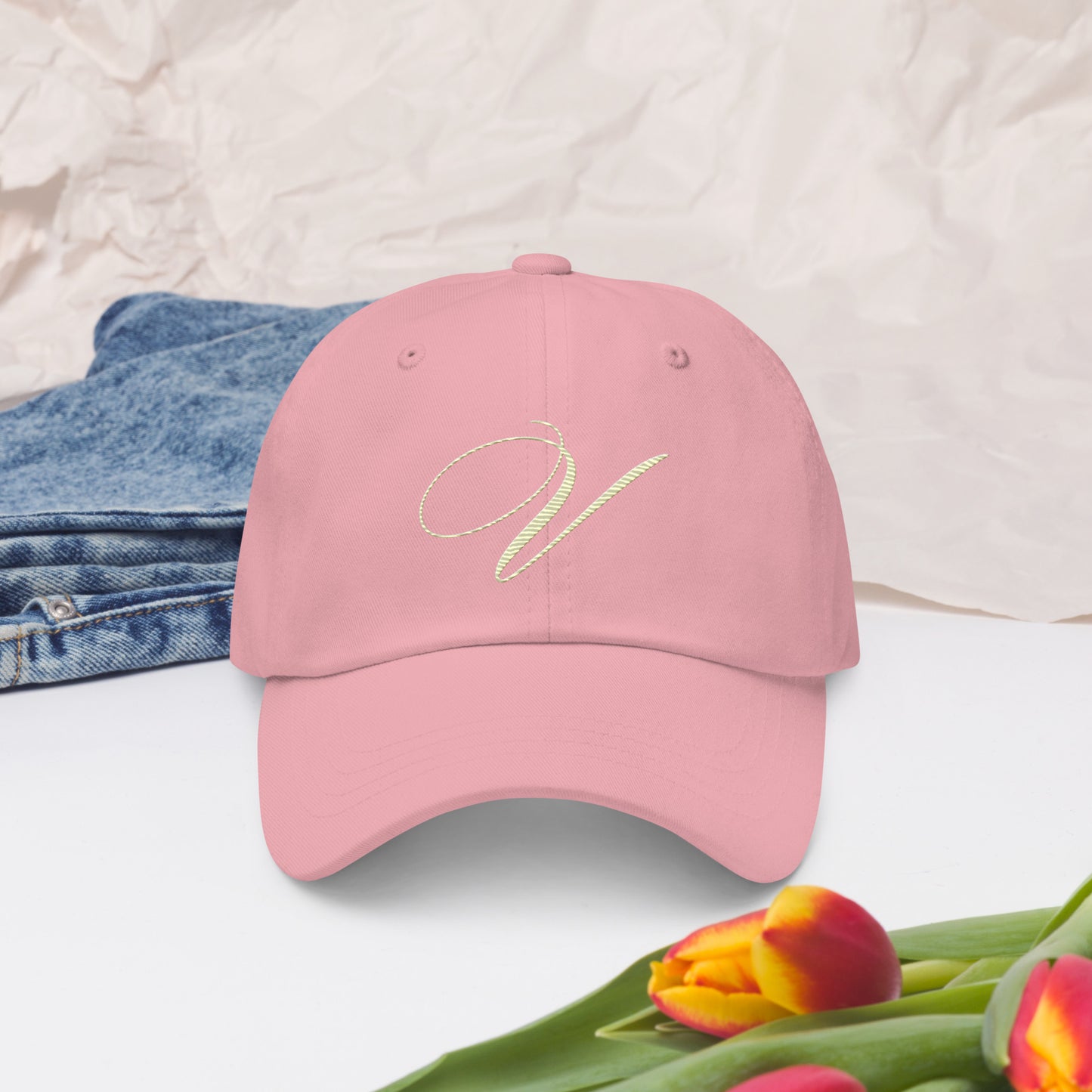 verde signature embroidered dad hat pink front