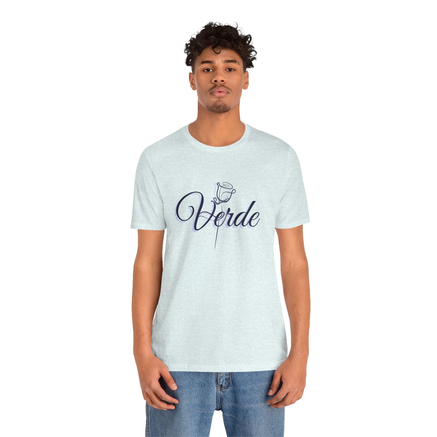 verde signature rose tshirt heather ice blue front on